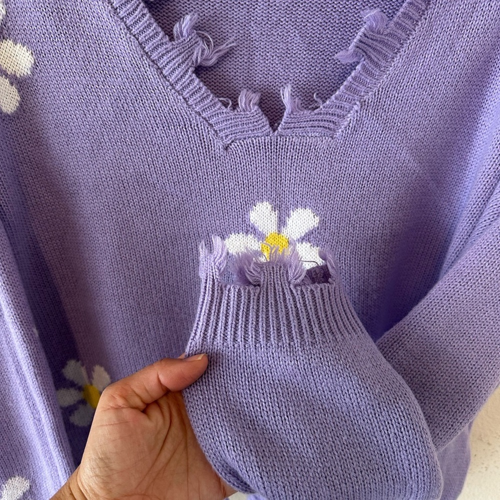 Self Esteem Lavender Daisy V-Neck Sweater - Picture 3 of 6